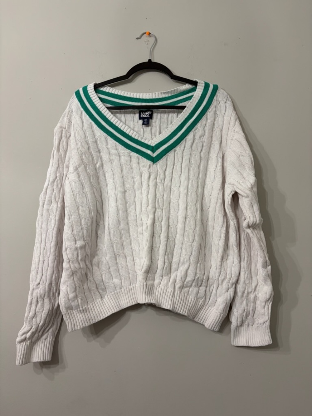Lands' End White Cable V‑Neck Sweater with Green Stripe Trim